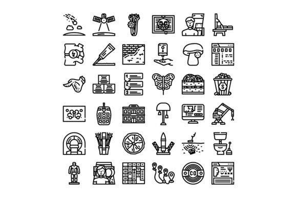 Collection of Diverse Line Icons Covering Science, Technology, Nature, and More